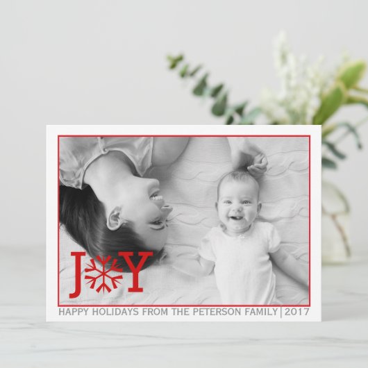 Red "JOY", sneeuwflake kerstvakantie platte foto Feestdagenkaart (Staand voorkant)