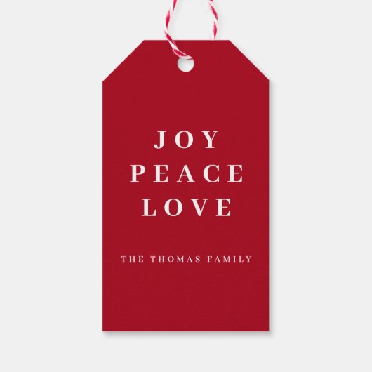 Red Joy Vrede Liefde Minimale Kerstmis Familienaam Cadeaulabel (Achterkant)
