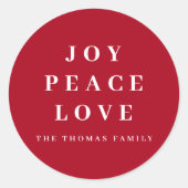 Red Joy Vrede Liefde Minimale Kerstmis Familienaam Ronde Sticker (Voorkant)