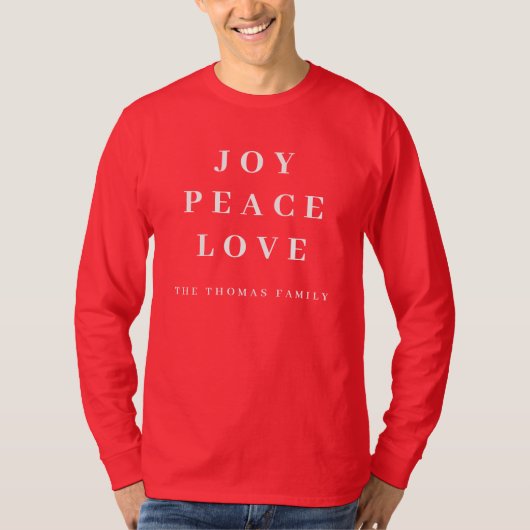 Red Joy Vrede Liefde Minimale Kerstmis Familienaam T-shirt (Voorkant)