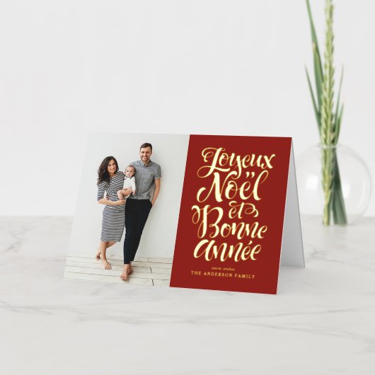 Red Joyeux Noël et Bonne Année Script Foto Folie Feestdagenkaart (Voorkant)