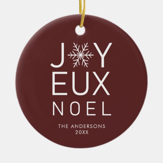 Red Joyeux Noel Modern Typography Holiday Keramisch Ornament (Voorkant)