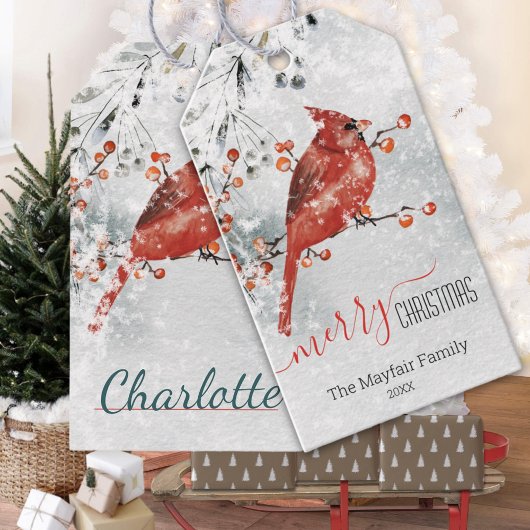 Red Kardinaal Snowy Ilex Berries Kerst Cadeaulabel