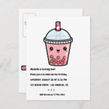 Red Kawaii Bubble Tea Birthday Party Briefkaart