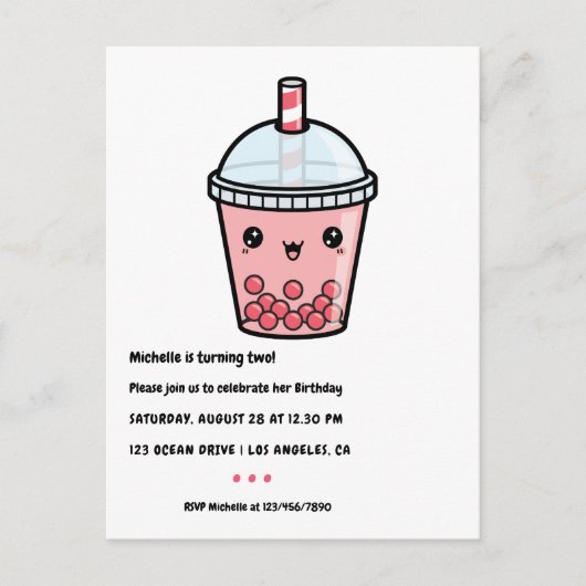 Red Kawaii Bubble Tea Birthday Party Briefkaart (Voorkant)