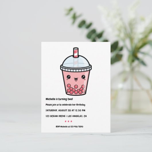 Red Kawaii Bubble Tea Birthday Party Briefkaart (Staand voorkant)