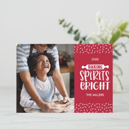 Red | Kerst Bakken Geesten Bright Foto Feestdagenkaart (Staand voorkant)