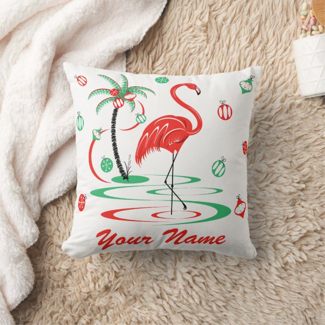 Red Kerstmis Flamingo Baubles Naam vierkant Kussen (Deken)