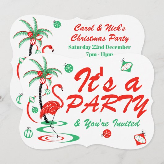 Red Kerstmis Flamingo Baubles Party steun Kaart (Voorkant / Achterkant)