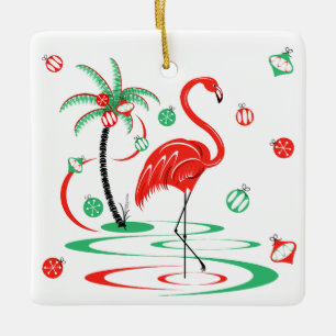 Red Kerstmis Flamingo Baubles Tekstvierkant Keramisch Ornament