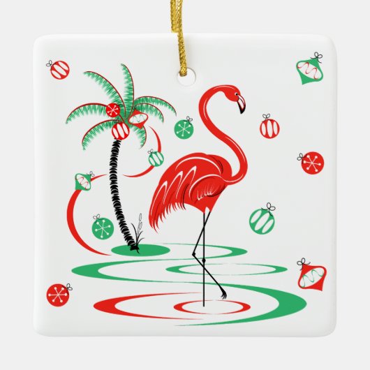 Red Kerstmis Flamingo Baubles Tekstvierkant Keramisch Ornament (Voorkant)
