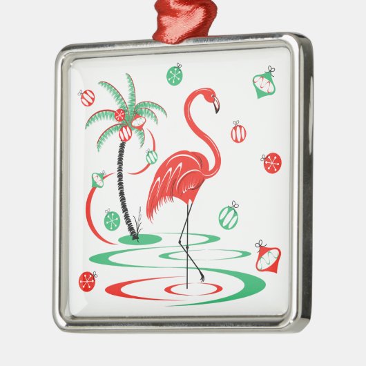 Red Kerstmis Flamingo Baubles vierkant Metalen Ornament (Links)
