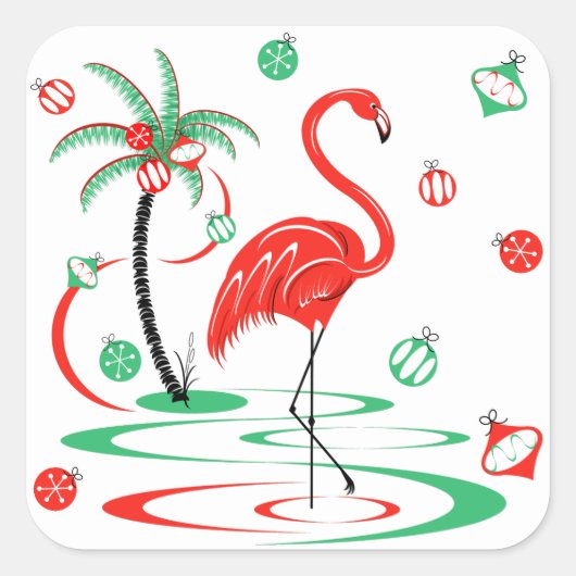 Red Kerstmis Flamingo Baubles vierkant Vierkante Sticker (Voorkant)
