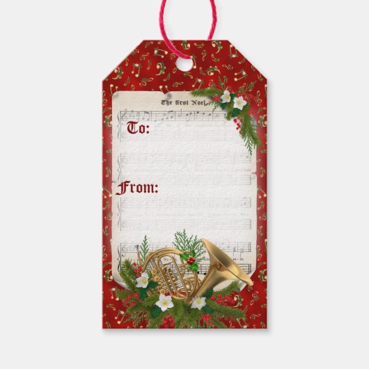 Red Kerstmis Franse Horn blad Music Cadeaulabel (Voorkant)