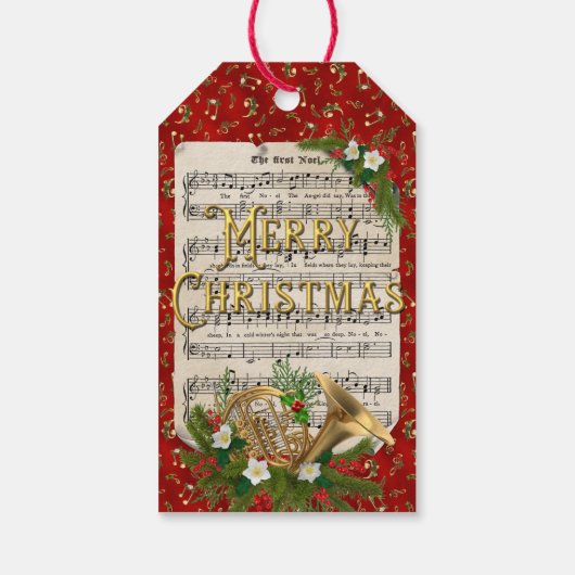 Red Kerstmis Franse Horn blad Music Cadeaulabel (Achterkant)