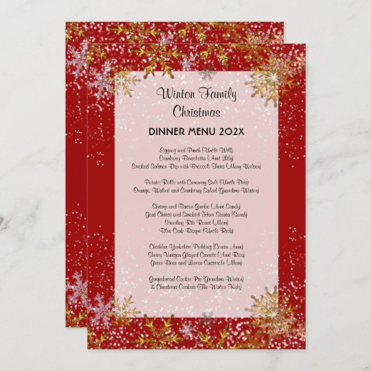 Red Kerstmis menu Gold Snowflakes (Voorkant / Achterkant)