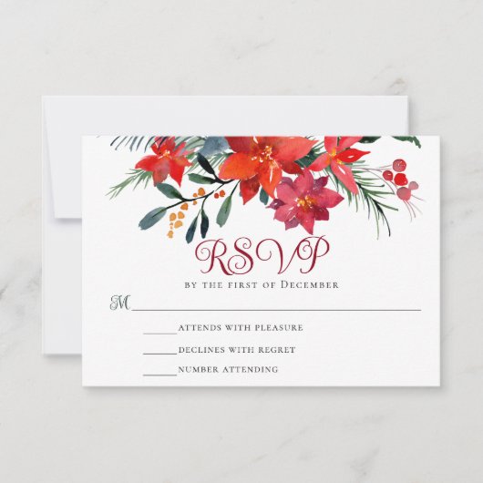 Red Kerstmis Poinsettia Elegant Floral Holiday RSVP Kaartje (Voorkant)