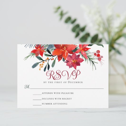 Red Kerstmis Poinsettia Elegant Floral Holiday RSVP Kaartje (Staand voorkant)