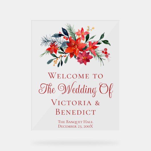 Red Kerstmis Poinsettia Floral Wedding Welkom Acryl Bord (Voorkant)