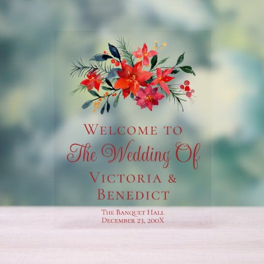 Red Kerstmis Poinsettia Floral Wedding Welkom Acryl Bord (Neutraal)
