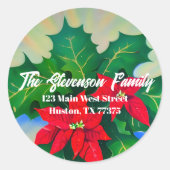 Red Kerstmis Poinsettia Flowers Adres Ronde Sticker (Voorkant)