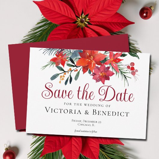 Red Kerstmis Poinsettia Holiday Save the Date Kaart
