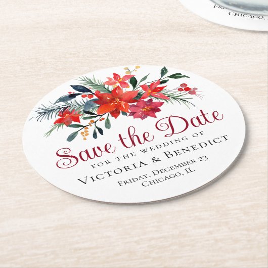 Red Kerstmis Poinsettia Holiday Save the Date Ronde Kartonnen Onderzetter (Gebogen)