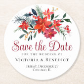 Red Kerstmis Poinsettia Holiday Save the Date Ronde Kartonnen Onderzetter (Voorkant)