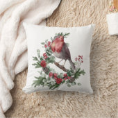 Red kerstvogel Holly Berry Pine Cone Branches Kussen (Deken)