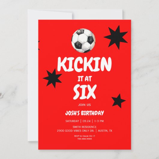 Red Kickin het bij Six Soccer 6th Birthday Party Kaart (Voorkant)
