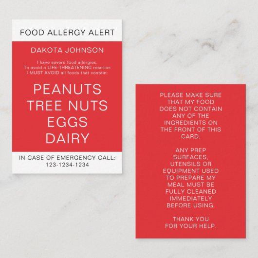 Red Kind Specialized Food Allergy Alert Kaart Contactkaartje (Voorkant / Achterkant)