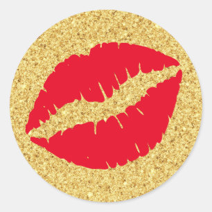 Red Kiss Gold Glitter Ronde Sticker
