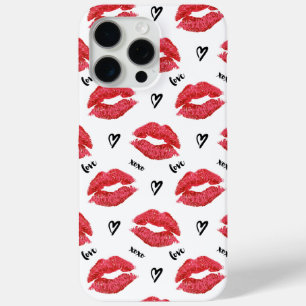 Red Kisses en Hearts Pattern iPhone 15 Pro Max Hoesje