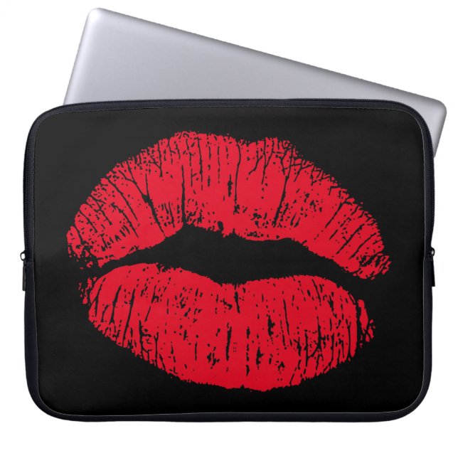 Red Kissons Lips op Black Laptop Sleeve (Voorkant)