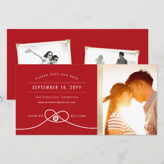 Red Knot Double Happiness Chinese Weddenfoto Save The Date (Voorkant / Achterkant)