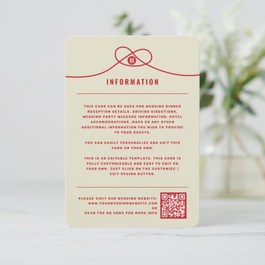 Red Knot Union Double Happiness Chinese Wedding Informatiekaartje (Staand voorkant)