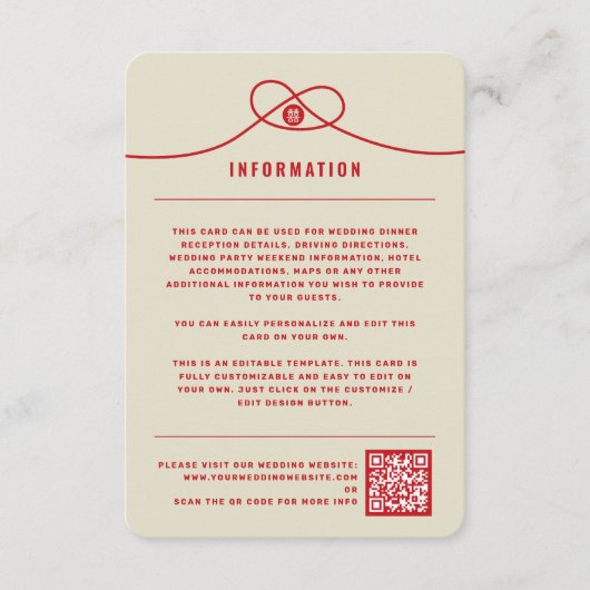 Red Knot Union Double Happiness Chinese Wedding Informatiekaartje (Voorkant)