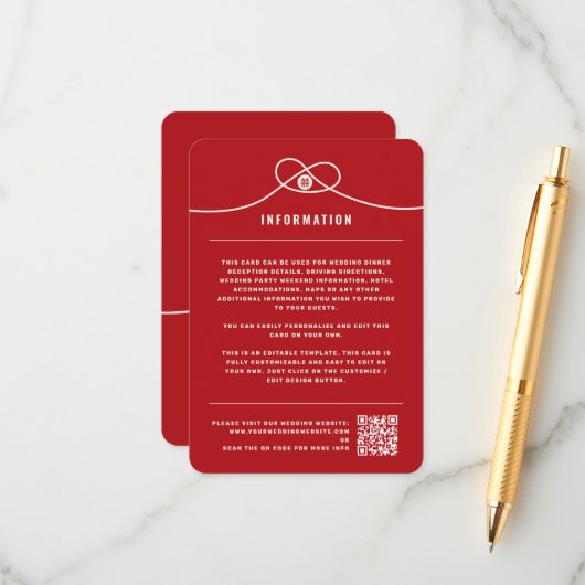 Red Knot Union Double Happiness Chinese Wedding Informatiekaartje (Voorkant / Achterkant in situ)