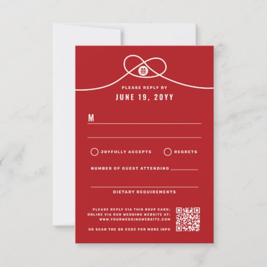 Red Knot Union Double Happiness Chinese Wedding RSVP Kaartje (Voorkant)