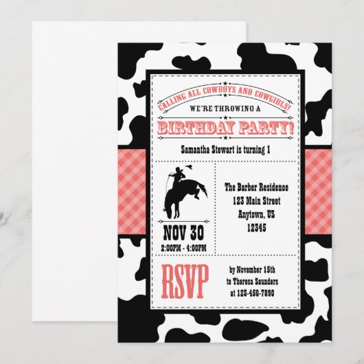 Red Koeienhuid Cowboy Birthday Uitnodiging (Voorkant / Achterkant)