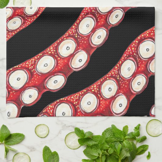 Red Kraken Octopus Tentacles Black Theedoek (Gevouwen)