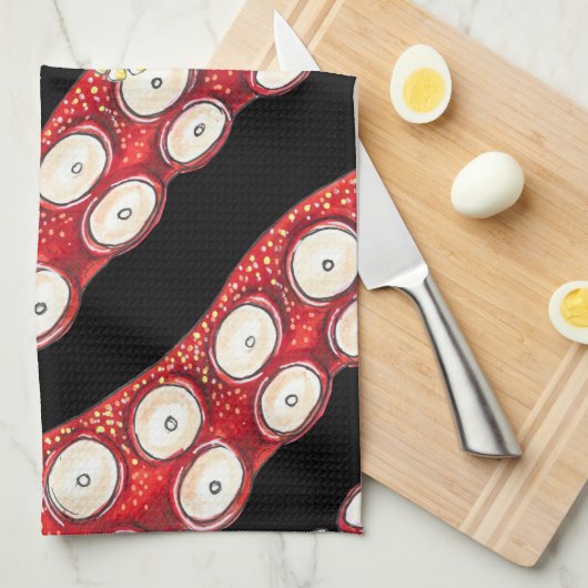 Red Kraken Octopus Tentacles Black Theedoek (Quarter Fold)