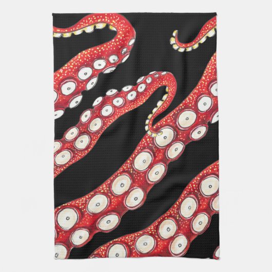Red Kraken Octopus Tentacles Black Theedoek (Verticaal)