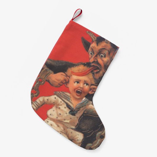 Red Krampus Pulling Boys Oren Kleine Kerstsok (Voorkant (Hangend))