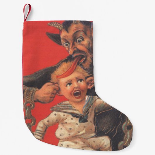 Red Krampus Pulling Boys Oren Kleine Kerstsok (Voorkant)