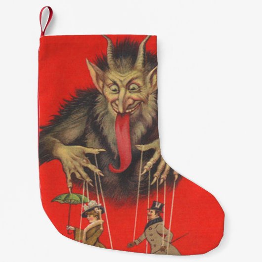 Red Krampus Puppeteer Paar Kleine Kerstsok (Voorkant)