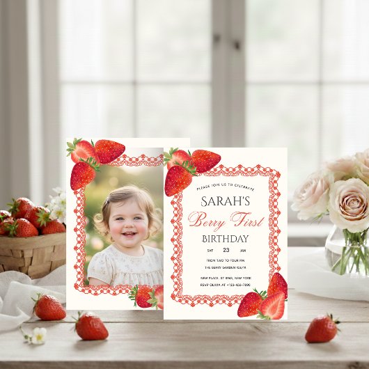 Red Lace Berry First Birthday Photo Invitation