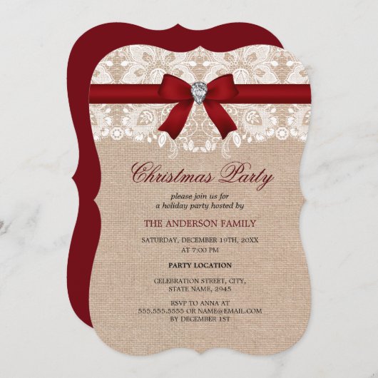 Red Lace & Burlap kerstfeest uitnodiging (Voorkant / Achterkant)