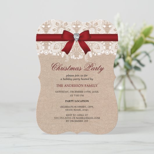 Red Lace & Burlap kerstfeest uitnodiging (Staand voorkant)