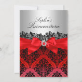 Red Lace Damask & Bow Quinceanera Invitation Kaart (Voorkant)